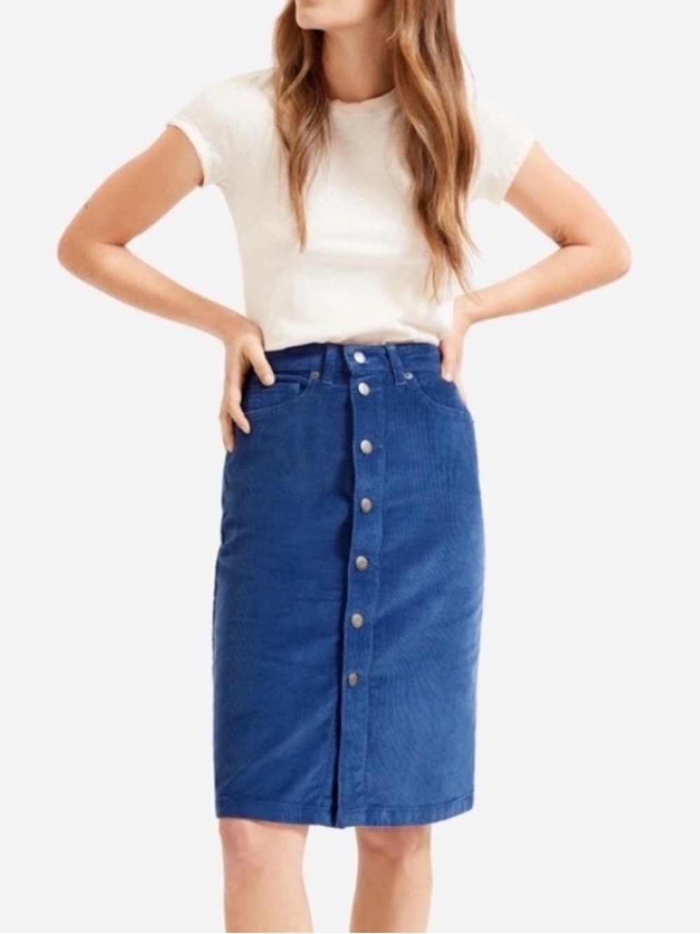 Everlane Blue Corduroy Button Front Five Pocket Midi Skirt Womens Size 27.